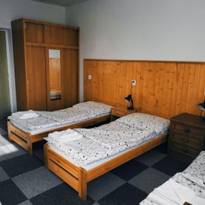two beds in a room with wooden walls at Penzion Vysočina in Škrdlovice