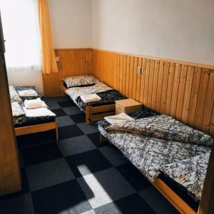ŠkrdloviceにあるPenzion Vysočinaの二段ベッド3組が備わる客室で、チェックフロアが付いています。