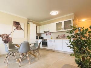 a kitchen with white cabinets and a table and chairs at Lake Side Vienna II in Vienna