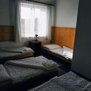 ŠkrdloviceにあるPenzion Vysočinaのベッド3台と窓が備わる客室です。