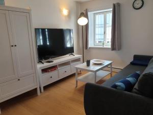 sala de estar con sofá y TV de pantalla plana en Torhaus Rattelsdorf - Wohnung Edelweiß, en Rattelsdorf