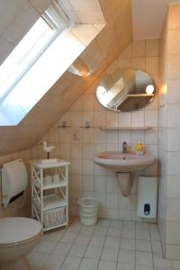 ein Badezimmer mit einem Waschbecken, einem WC und einem Dachfenster in der Unterkunft Haus Hansen - Wyk Whg 03 in Wyk auf Föhr