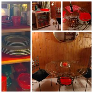 a collage of four pictures with a table and plates at Studio avec vue splendide sur les Diablerets in Les Diablerets
