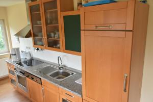- une cuisine avec des placards en bois et un évier dans l'établissement Inselhof Steengrafe - Weserblick, à Schwanewede