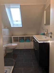 a bathroom with a sink and a toilet and a skylight at Schleiglück in Rieseby