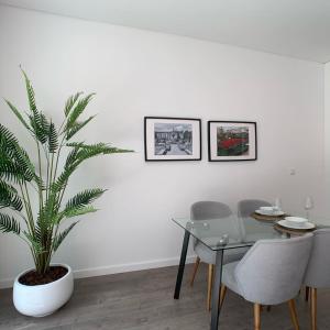 ein Esszimmer mit einem Tisch und einer Palme in der Unterkunft PALHOTAS GUEST HOUSE - Apartamento Jardim Santa Bárbara in Braga