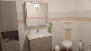 ein Badezimmer mit einem Waschbecken, einem WC und einem Spiegel in der Unterkunft FeWo am Uenglinger Tor in Stendal
