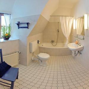 a bathroom with a toilet and a tub and a sink at Altes Rektorenhaus 1 in Rieseby