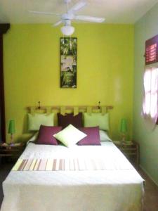 a bedroom with a large bed with green walls at Bungalow charmant à Pointe-Noire in Pointe-Noire