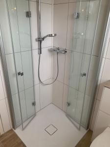 una doccia con cabina in vetro in bagno di FeWo Woge a Grödersby