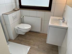 Grödersby的住宿－FeWo Woge，一间带卫生间和水槽的小浴室