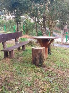 two benches and a tree stump sitting in a park at Sítio Bona Vita in Nova Trento
