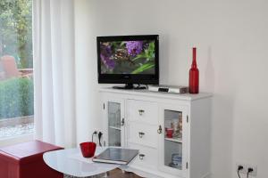 telewizor siedzący na białej szafce w pokoju w obiekcie "Rosenkate 2" w mieście Riepsdorf