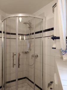 a shower with a glass door in a bathroom at FeWo Abendsonne in Prerow