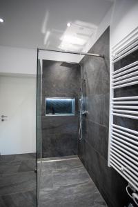 a shower with a glass door in a bathroom at Ferienwohnung Höpperger in Schönberg im Stubaital +27 photos