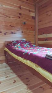 a bed in a room with a wooden wall at Log cabin 1 Merdovic in Mojkovac