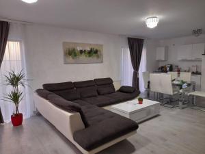 a living room with a couch and a table at Casa Sannicolau in Sînnicolau Mare