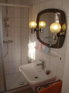 ein Bad mit einem Waschbecken, einem Spiegel und einer Dusche in der Unterkunft Ferienhaus Waldschrat - Komplettpreis in Zandt