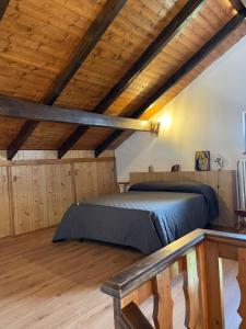 a bedroom with a bed in a room with wooden ceilings at Baita Mael in Armeno