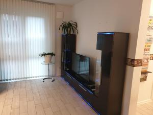 a living room with a flat screen tv in a black entertainment center at Ferienwohnung Reinhardt in Oldenburg
