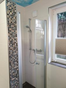 a bathroom with a shower with a glass door at Ferienwohnung Reinhardt in Oldenburg