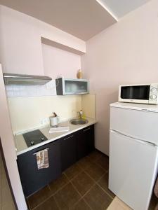 una pequeña cocina con fregadero y microondas en Nash Parus Apartments, en Kacha