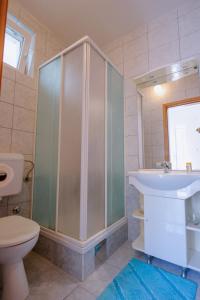 La salle de bains est pourvue d'une douche, de toilettes et d'un lavabo. dans l'établissement Vila Maric, à Brist