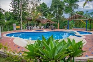 a swimming pool with chairs and a gazebo at Finca Hotel San Isidro in Hojas Anchas