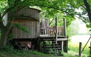 een houten huis met een veranda en een boom bij Bauwagen in Kirch Mulsow
