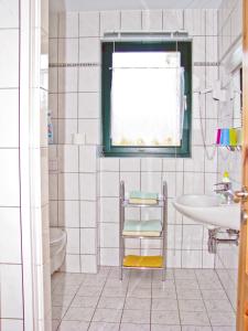 a bathroom with a sink and a toilet and a mirror at Hütigendachs, FW 5 in Zingst