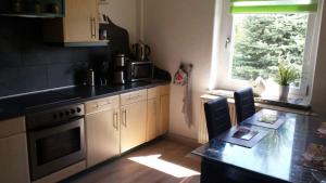 a kitchen with a stove and a table and a window at Ferienwohnung "Am Vaterlandsgrubenweg" in Oelsnitz