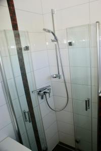 a bathroom with a shower with a glass door at Fehmarn-Ostseeferien FH3Traumbungalow Staberdorf 137 in Staberdorf