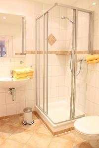 uma casa de banho com um chuveiro e um WC. em IW - Komfort-Apartment Im Winkel 13 - FERIENDOMIZIL HOLLICH em Grömitz