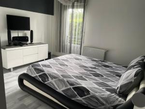 a bedroom with a large bed and a television at Royal Standing- Terrasse & Parking Privé in Évian-les-Bains