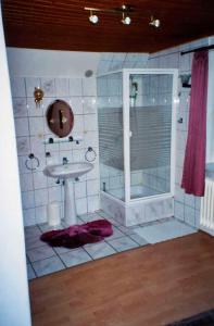 ein Bad mit einem Waschbecken und einer Dusche in der Unterkunft Mündlein in Eckernförde
