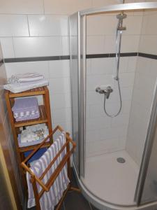 a shower stall in a bathroom with towels at Ferienwohnung "Im Pfarrhaus Marlow" in Marlow