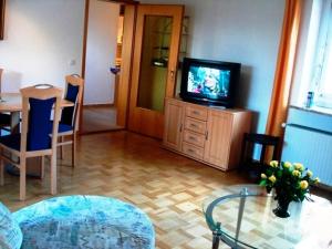 ein Wohnzimmer mit einem TV und einem Tisch in der Unterkunft Ferienwohnung Riek in Büdelsdorf