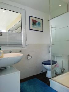 ein Badezimmer mit einem Waschbecken, einem WC und einem Spiegel in der Unterkunft Kleiner Bungalow im Grünen in Radeberg