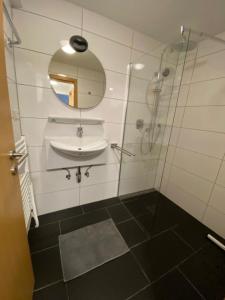 een badkamer met een wastafel en een douche met een spiegel bij Ferienwohnung Winterberg Lodge in Winterberg