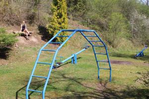 a woman sitting on a bench next to a blue ladder at Ferienhaus Cornell in Feldberg