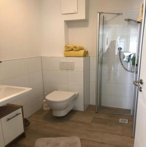a bathroom with a shower and a toilet and a sink at Moderne Ferienwohnung im Herzen von Bad Neustadt in Bad Neustadt an der Saale