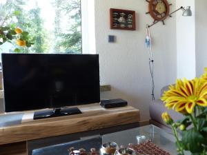 a living room with a flat screen tv on a table at Bungalow Am Bahndamm 22 in Zingst