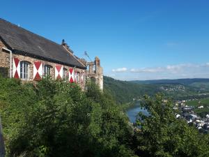 an old building on the side of a hill with a river at Altes Winzerhaus in Traben-Trarbach