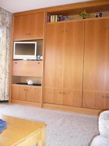 a living room with wooden cabinets and a tv at Appartment 3737 in Tossens in Butjadingen OT Tossens
