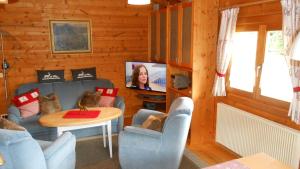 sala de estar con sofá, mesa y TV en Blockhaus Bayerischer Wald, en Stamsried