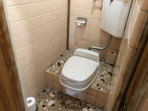 a bathroom with a toilet with a lot of broken glass at 竜ケ崎駅そばの森田屋旅館 in Ryūgasaki