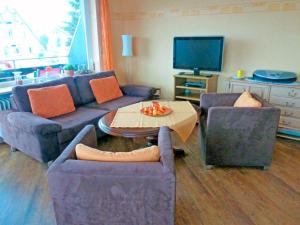 a living room with couches and a table and a tv at Kappel App 21 in Lenzkirch