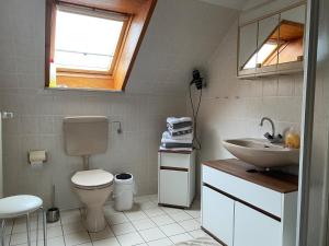 uma casa de banho com um WC e um lavatório em Kreutzmann Ferienwohnung für einen erholsamen Urlaub in ruhiger, zentraler Lage em Heiligenhafen