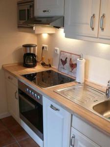 a small kitchen with a stove and a sink at Deichhof Whg18 in Dunsum