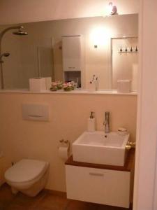 ein Badezimmer mit einem Waschbecken, einem WC und einem Spiegel in der Unterkunft Deichhof Whg18 in Dunsum